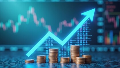  Prosperity on the rise  Financial growth symbolized by a stack of coins and a rising arrow