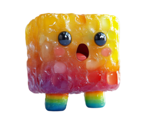 Whimsical Candy Cube Character with Surprised Expression and Rainbow Limbs