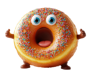 Surprised Donut Character with Sprinkles and Cartoon Eyes on Transparent Background