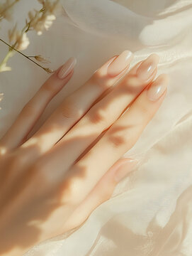 A delicate image of a woman's hand with a soft, natural manicure against a backdrop of gentle, diffused light. The graceful fingers, well-groomed skin, and minimalist nail design highlight natural bea