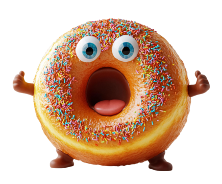 Surprised Donut Character with Sprinkles and Cartoon Eyes on Transparent Background