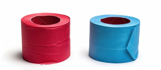 Empty Red And Blue Toilet Paper Rolls Isolated On White Background
