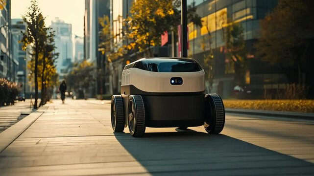 A delivery robot drives down a city street during the morning