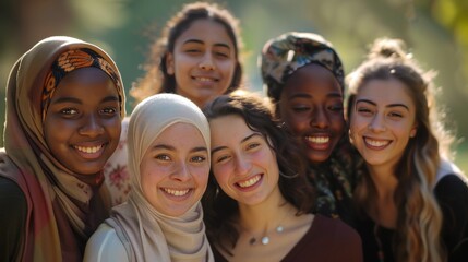 A group of young women from different ethnic backgrounds, all smiling and standing together