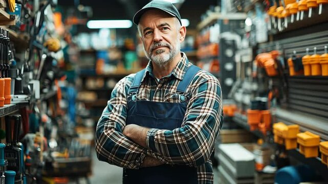 A man stands in a hardware store, arms crossed, looking directly at the camera