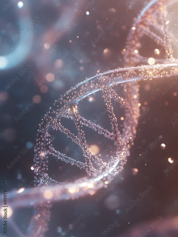 Poster ethereal dna helix with glowing particles and soft bokeh