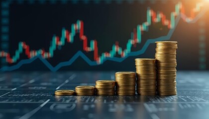  Prosperity in motion  Financial success symbolized by a stack of coins against a dynamic stock market chart