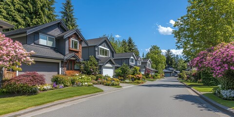 A serene suburban street lined with houses and colorful flowering plants.