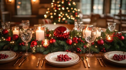 festive christmas dinner table elegant place settings twinkling candles evergreen centerpiece and traditional decorations