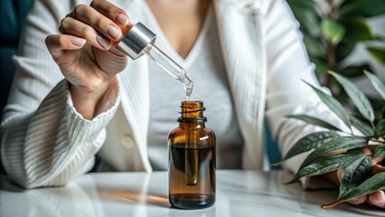 Close-up of a woman's hand holding a dropper bottle, clean white background,