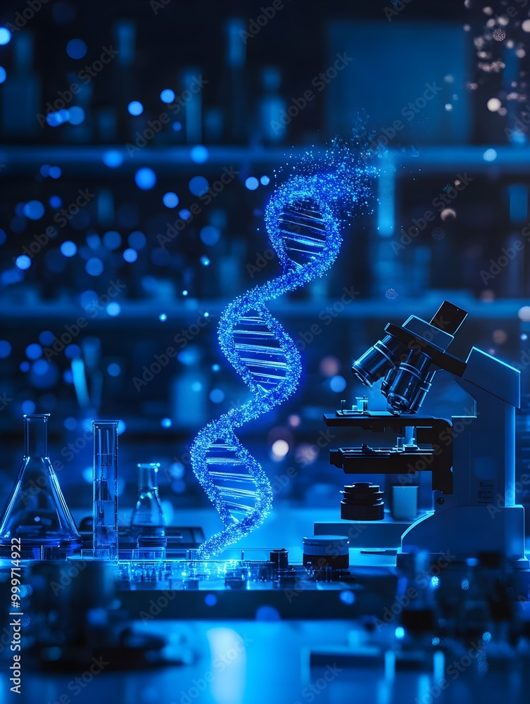 Poster blue dna strand with microscope in laboratory setting