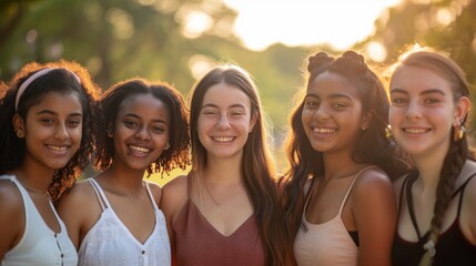 A group of young women of diverse ethnicities, all smiling warmly and standing close together