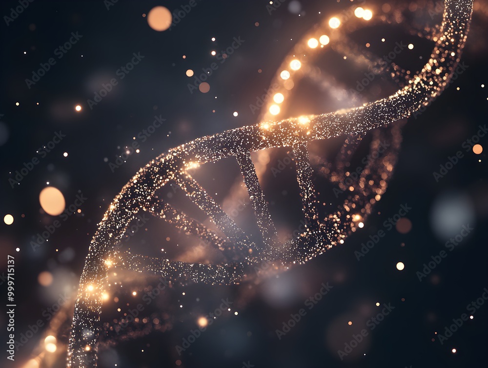 Aufkleber Glowing DNA Helix with Sparkling Particles in Background
