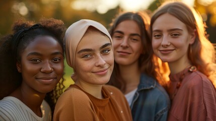 A group of young women of diverse ethnicities, all smiling warmly and standing close together