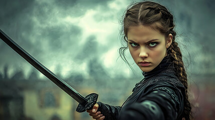 A Female Warrior with a Determined Expression Holds a Sword in a Dramatic Pose Against a Cloudy Sky