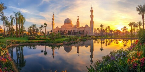 Naklejka premium A serene sunset view of a mosque reflected in a tranquil pond surrounded by vibrant flowers.