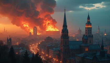 Fototapeta premium Emergency in the city Amidst the night a fire rages illuminating the skyline