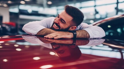 A joyful male customer smiling and hugging the hood of his newly purchased luxury car at the dealership, celebrating his exciting purchase experience in the showroom