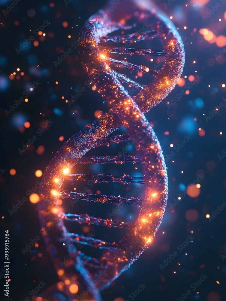 Poster glowing dna helix with colorful particles