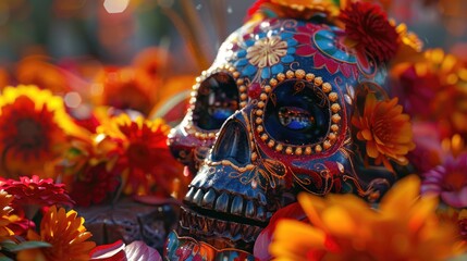 A vibrant sugar skull decorated with colorful flowers