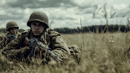 A soldier in camouflage gear lies in tall grass, aiming his rifle, with a cloudy sky in the background.