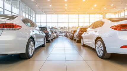 Rear view of parked cars in a modern car dealership office, showcasing new vehicles in the showroom for automobile leasing and insurance opportunities