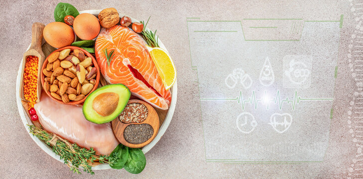 Organic healthy food in wooden bowl, Proper nutrition, virtual icons innovative technologies