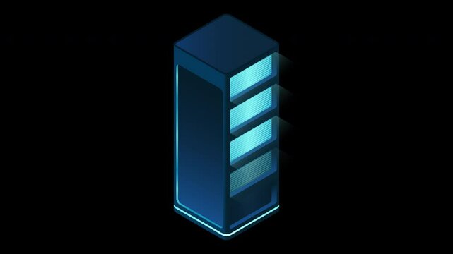 Isometric futuristic server animation. Isometric database or data center. Abstract blockchain. Computer storage. Cloud storage. Transparent background with alpha channel