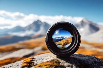 Camera Lens Capturing Stunning Mountain Reflection, Highlighting Photography Magic