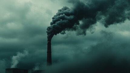 Dark Polluted Factory Chimney Emitting Thick Black Smoke Against Gloomy Stormy Sky