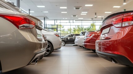 Rear view of parked cars in a modern car dealership office, showcasing new vehicles in the showroom for automobile leasing and insurance opportunities