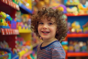 A happy child browsing through toys and games in a colorful store