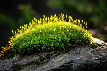 Naklejka premium Velvet moss texture growing on a damp rock under soft, filtered light
