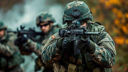 Fototapeta premium A Soldier in Camouflage Uniform Holds a Rifle While Aiming and Looking Through a Scope with another Soldier Blurred in the Background