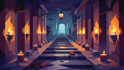 Print Floating Candles in a Dark Hallway Halloween Background Vector Illustration