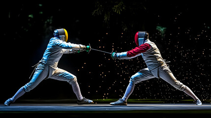 Two Fencers Engage in a Fast-Paced Duel with Swords, Sparring and Thrusting in a Dramatic Pose During a Fencing Competition, Captured in a Well-Lit Photograph
