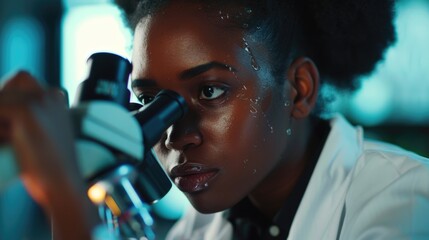 A person carefully examines a sample using a microscope