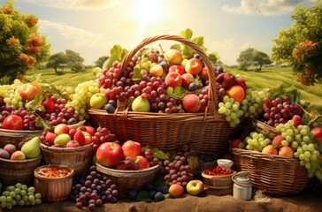 A large basket of fresh fruit surrounded by more assorted baskets