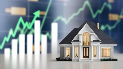 A model building surrounded by coins and a graph showing an upward trend in property prices