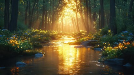 Obraz premium forest creek illuminated by warm sunlight filtering through the trees creating shimmering reflections on the water surrounded by lush greenery and vibrant flora