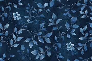 A beautiful blue floral wallpaper featuring intricate leaves and flowers