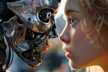 Fototapeta premium A young girl examines the robotic face with curiosity