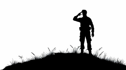 Silhouette of a Soldier Saluting on a Hilltop with Grass, Black and White Illustration