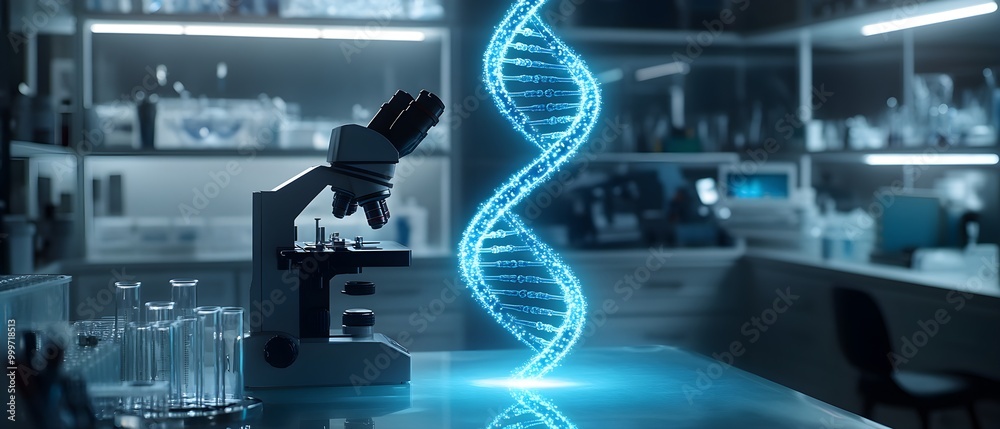Poster Modern Laboratory with DNA Helix and Microscope