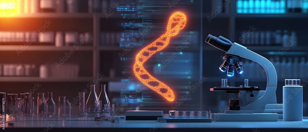 Poster Modern Laboratory with DNA Visualization and Microscope