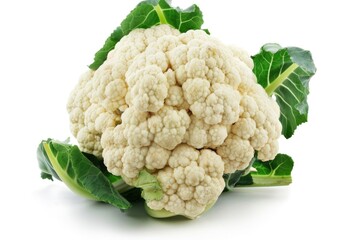 Close-up shot of a cauliflower head against a clean white background, ideal for food or kitchen-themed designs