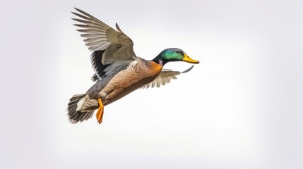 Obraz premium Mallard Duck in Flight Against a White Sky