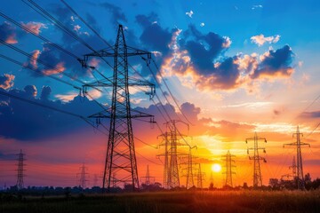 Image of power lines with a beautiful sunset background