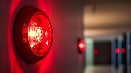 A wall-mounted red warning light spins and blinks while sounding an air raid siren, signifying an urgent emergency alert and emphasizing the need for immediate action and awareness