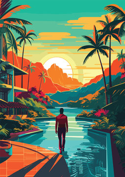 Vibrant Sunset Over Mountains and Pool Vector illustration for Tshirt design and Wallmate